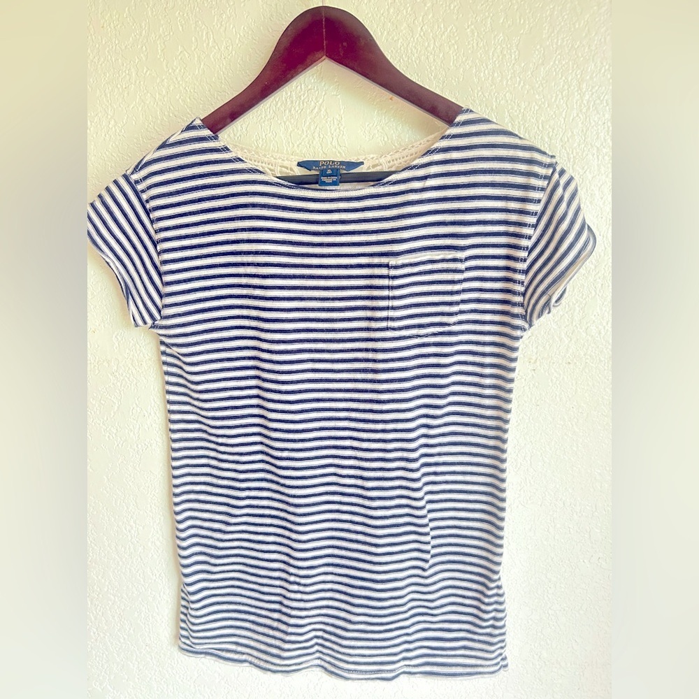 Polo Ralph Lauren Girls’ Striped Blouse w/ Lace Back –Navy & White –Size XL (16)